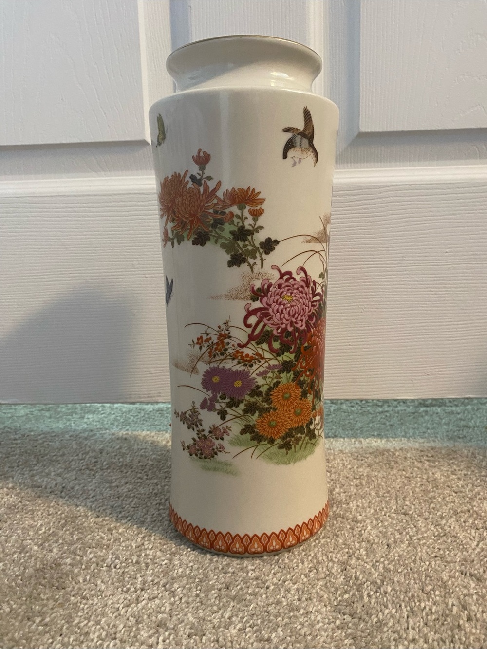 Vintage 1980s Shibata Japan Floral Porcelain Vase 12" Birds Butterfly Gold Trim